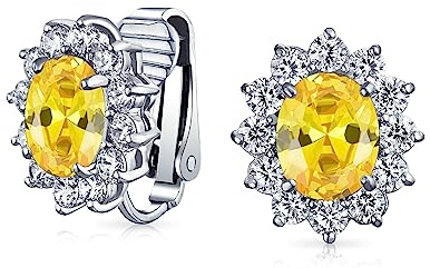 Mode Formelle Fête De Vacances Nuptiale Ovale Jaune Zircone Cubique Halo Couronne AAA CZ Clip Sur Boucles D'Oreilles Pour Les Femmes Mariage Non Percé Oreille Argent Plaqué