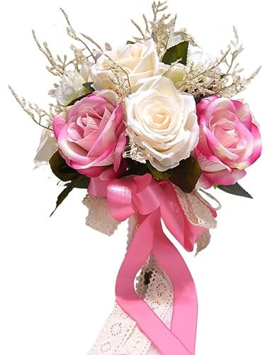 HXSCOO Altrosa weiße Rosen fühlen Sich echt an, Hochzeitsblume mit Vintage-Spitzengriff und grünen Blättern, Beeren-Dekor, Braut-Hochzeitsstrauß (Color : pink)