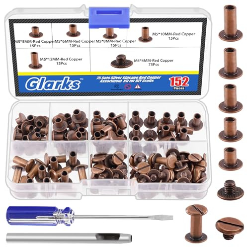 Glarks 150 Sets Red Bronze Chicago Screws Assorted Kit, M5 x 5mm, 6mm, 8mm, 10mm, 12mm Chicago Rivets and 4x4mm Flat Head Stud Screw, Nail Rivet Chicago Button Screw Posts Metal Accessories