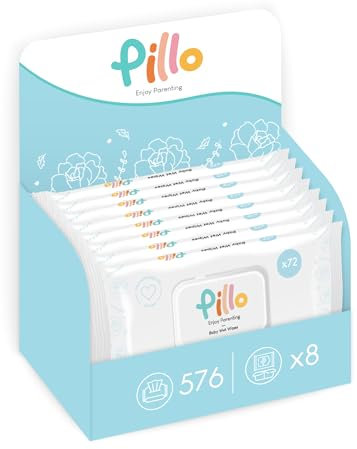 Pillo Salviette Neonato - 576x Salviettine Umidificate Bambini - 8 Confezioni da 72 Salviette Baby Disinfettanti - 99,6% di Ingredienti di Origine Naturale con Aloe Vera e Acqua Attiva di Avena