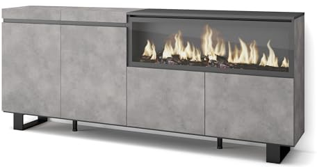 Skraut Home | Buffet Salon et Cuisine | Meuble de Rangement, Commode | 210 | 4 Portes | Cheminée électrique XXL | Design Industriel | Style Moderne | Ciment