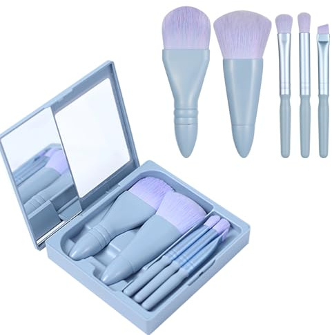 Reisegröße Pinselset Makeup Mini Make Up Pinsel Mit Etui Und Spiegel, Kleine Komplette Funktion Schminkpinsel Set Kit Perfekt Für Unterwegs (5pc, Blau)