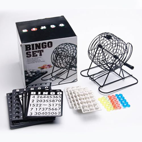 YIWENG Deluxe-Bingo-Spielset mit rundem Metallkäfig, 75 nummerierten Bällen, 150 Bingo-Markern, Bingo-Brett-Zubehör aus Metall für Partys
