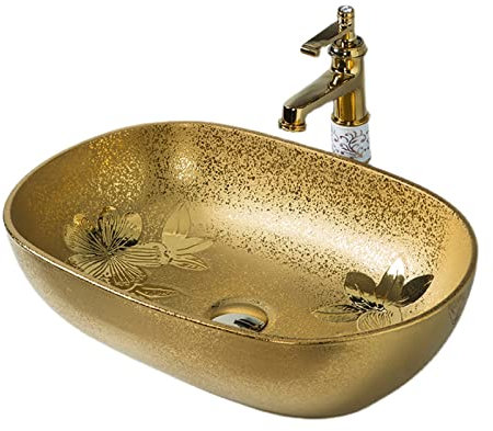 ABNNHK Goldenes Aufsatzwaschbecken, luxuriöses Badezimmer-Porzellan-Kunstwaschbecken, Kunstwaschbecken mit Wasserhahn, Pop-Up-Ablauf