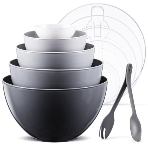 Luxear Grandi Ciotole Plastica Impilabili con Coperchio 0.2-4.6L, Bowl Mescolare per Cucinare, Conservare, Cuocere al Forno, Frutta, Insalate, Microonde, Lavastoviglie, Congelatore, Set da 5