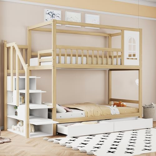 Dolamaní Kinderbett Hochbett 90x200 cm mit Rausfallschutz, Etagenbett 2 Kinder mit Himmelbett Haus Form Design, Stauraum Treppe, 2 Lattenrost, Jugendbett Jungen Mädchen Bett (Natürlich)