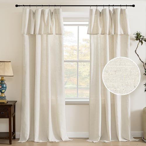 PrinceDeco Linen Curtains with Attached Valance for Living Room, Light Filtering Farmhouse Semi-Sheer Treatments Rod Pocket/Ring Top for Bedroom, 2 Panels Set - W52 x L95, Ivory