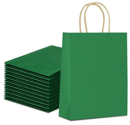Papiertüten mit Henkel, 20 Stück Geschenktüten Papier - 21x15x8CM, Dunkelgrün Kraftpapiertüte für Geburtstagsfeier, Hochzeitsfeier, Geschenk, Restaurant zum Mitnehmen, Einkaufen, Einzelhandel