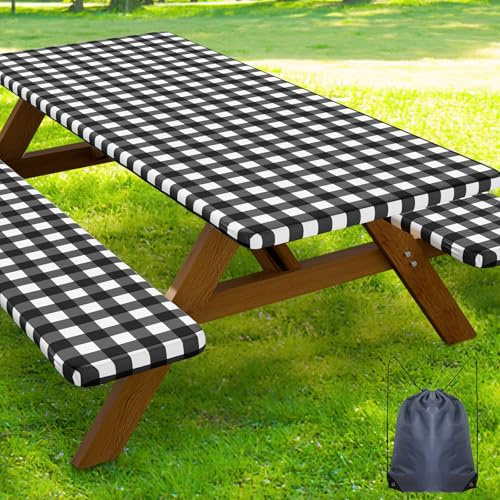 Smiry Picnic Table Cover with Bench Covers, Waterproof Elastic Fitted Tablecloths for 6 Foot Rectangle Tables, Washable Buffalo Plaid Tablecloth for Camping, Outdoor (Black & White, 30x72)