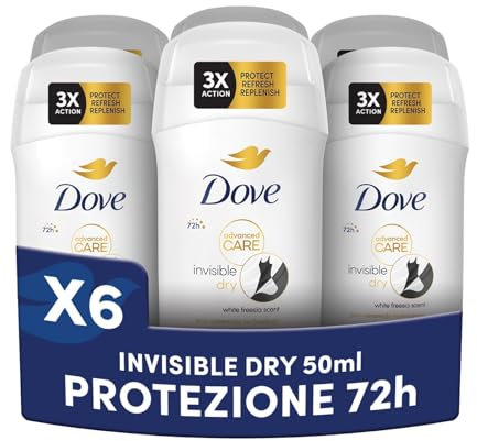 Dove Deodorante Stick Invisible Dry, Deodorante Antitraspirante, Formula Antimacchie, Protezione Fino a 72 Ore, Pro-Ceramide Technology, Ingredienti Idratanti, Deodorante Uomo e Donna, 6 Pezzi da 50ml