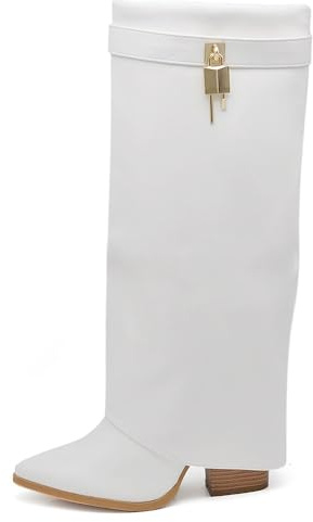 IF FASHION Stivali Alti A Punta Gambale A Ghetta Con Tacco Zip Cerniera Luchetto Da Donna G698 Bianco N.39