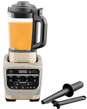 Ninja Foodi Mixer & Suppenbereiter, 10 Auto-iQ-Programme, 1,7L Glaskrug, heißer & kalter Mixer, integriertes Heizelement, Stampfer, Reinigungsprogramm & Bürste, 1000W, Stone/Gold HB150EUSTGD