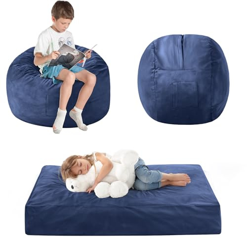 ILPEOD Kids Bean Bag Chair Bed - Convertible Lazy Chair to Floor Mattress with Filler - Small Beanbag Chair for Boys and Girls - Floor Couch Sofa in Bedroom, Classroom, Reading Nook - Navy Blue