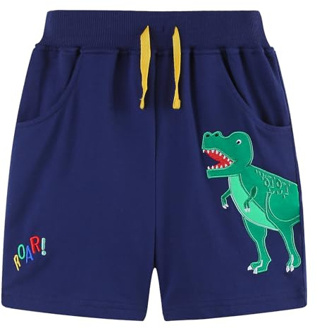 JinBei Pojkar shorts sommar bomull korta byxor barn med fickor säckiga shorts pojkar elastisk midja sportbyxor fritidsshorts sovshorts grävmaskin och dinosauriemönster mörkblå, GR. 92–122, dinosaurie
