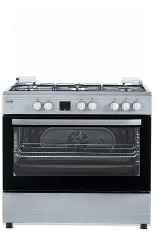 Svan Cocina Mixta gas Butano 5 Zonas de Cocción, Horno 97 L, Inox SKMW5901X. Control Manual, Quemador WOK triple llama, 9 Programas de Cocción, Tapa Abatible