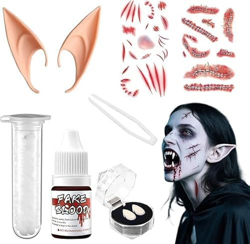 Halloween Vampir Set Vampir Make Up, Schminke Vampir Zähne und Elfenohren und Halloween Tattoo, Fakeblut Passend für Elfen und Vampir Schminke zu Halloween, Mottopartys