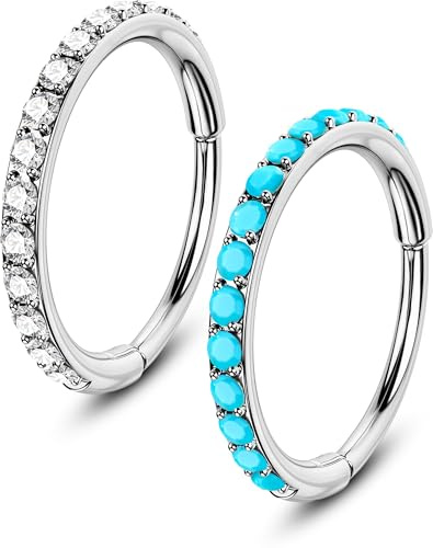 OUFER 20G 2PCS Anello al Naso Cerchio Acciaio Chirurgico 316L Anello a Segmento con Cerniera Piercing al Naso CZ Trasparente e Opale Blu Elica Daith Rook Conch Orecchino Gioielli per Donna 7 mm