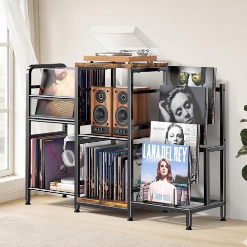 POKIPO Large Record Player Stand, Vinyl Record Storage Holds up to 400+ Albums, 3 Tier Turntable Stand with Display Shelf, 3-in-1 Multifunctional Record Player Cabinet Media Console Table for Stereo