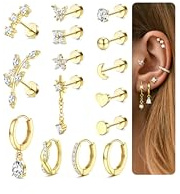 Diamday 15Pcs Orecchini Donna Acciaio Chirurgico Piercing Orecchio Piercing Helix Trago Conch Cerchio Argento Oro Set Orecchini Anallergici Donna Orecchio Piercings Gioielli
