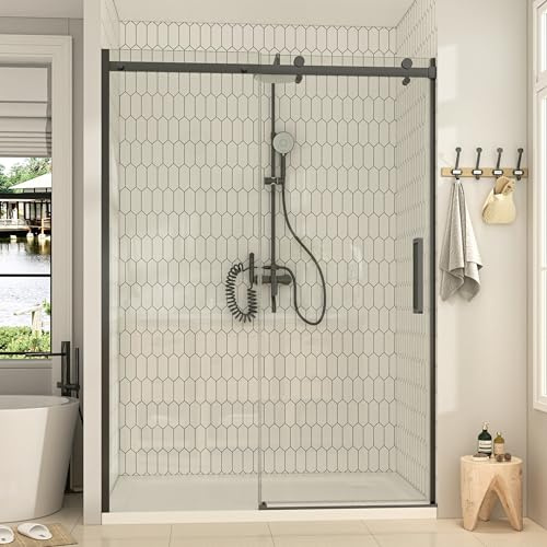 Hasipu Frameless Shower Door,Double Sliding Stainless Steel Hardware 44-48 W x 72 H - Shower Glass Door with 5/16（8mm） Clear Tempered Glass Openable Base Design for Direct Cleaning, Black
