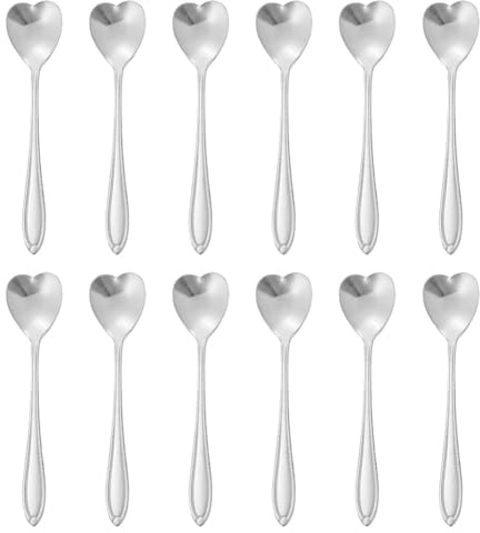 Violiica Juego de 12 cucharas de café con forma de corazón de acero inoxidable con acabado dorado para remover café y té, diseño elegante para cocina y comedor