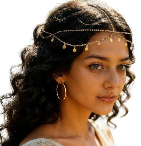 Kopfkette Gold Damen Wahrsagerin Kopfschmuck Gold Boho Geschichtete Kopfkette Quaste Haarkette Schmuck Wahrsagerin Accessoires Festival Haarschmuck für Frauen Mädchen Karneval Hochzeiten Mottopartys