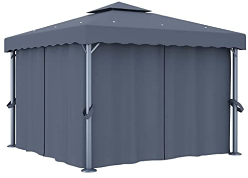 Pavillon mit Vorhang 3x3 m Anthrazit Aluminium Gestell Stahlrohre Polyestergewebe Dach Seitenwände inklusive Moskitonetz Montage Garten Terrassenschutz Freizeit
