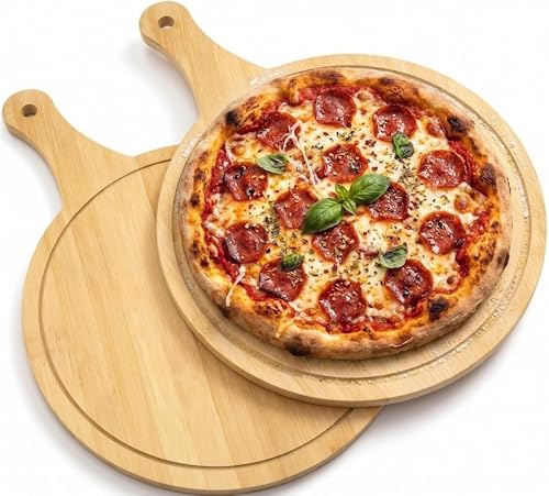 STOUCLA 2 Pizza Platos,Tabla ,Madera Redonda 30 cm Con asa,Pizza Plate