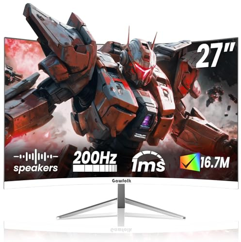 Gawfolk Gaming Monitor 27 Zoll Curved Monitor 200Hz PC Bildschirm Full HD 1080P Rahmenloses 1800R Computerbildschirm mit FreeSync und Eye Care Technologie