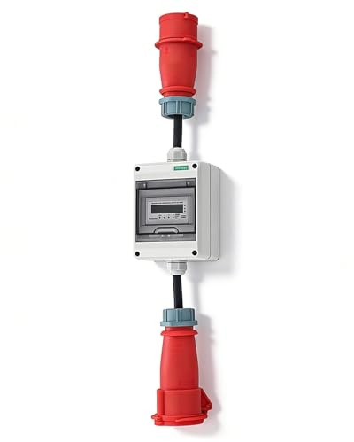 3 Phasen Mobiler Digitaler Stromzähler 16A 400V, Mobiler Stromzähler mit CEE Stecker&Kupplung, CEE Adapter 16A auf 16 A Digitalzähler Reset-Funktion 0.5M+0.5M Kabel IP44 Steckdosenadapter Zähler