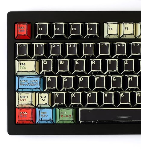 Black Manga Keycaps QWERTZ, 143 Tasten PBT, Cherry-Profil, ANSI&ISO(DE) | 1,8 mm, Manga-Design, für MX-Switches und 60-, 75- oder 100-%-Tastaturen, Adapt ANSI&ISO.