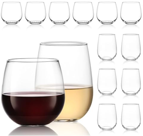 Libbey Stemless Wine Glasses Set of 12, Dishwasher Safe Red and White Wine Glass Set, Clear Drinking Glasses Set of 12 for Cocktails, Water, and More