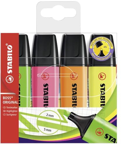 STABILO Textmarker BOSS ORIGINAL - 4er Pack - Gelb, orange, grün, pink