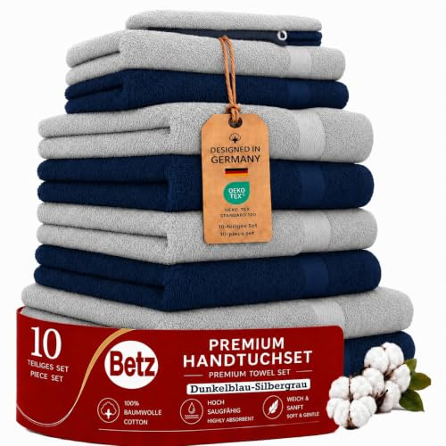 Betz Premium Handtuch-Set 10-teilig – 100% Baumwolle – Oeko-TEX® Zertifiziert – saugfähig&weich – 470g/m² – Duschtücher, Handtücher, Gästetücher & Waschhandschuhe – Farbe Dunkel Blau & Silber Grau