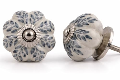 KPAVIR Grey Ceramic Cabinet Knobs – Floral Vintage Drawer Pulls with Stainless Steel Hardware, Decorative Kitchen Cupboard Handles for Dresser, Wardrobe, Closet & Furniture (Pack of 12)