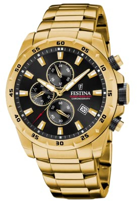 Festina Herrenuhr Analog aus Edelstahl 316l Goldfarben F20541/4 | Quarzwerk, Chronograph, Kalender, Widerstandsfähiges Mineralglas