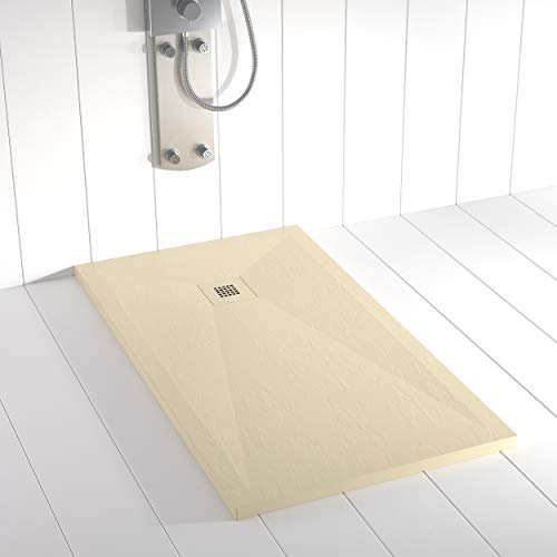 Plato de ducha resina PLES desagüe centrado color Crema 140x70 textura pizarra antideslizante rejilla del mismo color con válvula