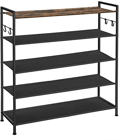 SONGMICS Schuhregal 5 Ebenen, Schuhablagen Metall, Ablagen aus Oxford, für 20-25 Paar Schuhe, 29 x 89 x 92,5 cm, 4 Haken, offener Schuhschrank für Flur, Schlafzimmer, vintagebraun-schwarz LMR035B01