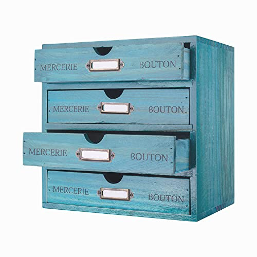 PACKGILO Aufbewahrungsbox aus Holz mit 4 Schubladen, Vintage-Bürobedarf und Zubehör, Briefablage, Holz, Schreibtisch, Schulbedarf, Katalogschrank mit Etiketten, rustikale Schmuckschatulle (blau)