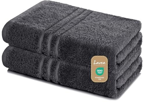 Lavea Emma Lot de 2 Serviettes de Sauna 100% Coton Anthracite 500 g/m² 80 x 200 cm