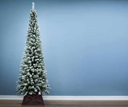 Christmas Tree World | 7ft Artificial Unlit Snowy Pencil Tree | Natural and Realistic Look with Bushy and Luxury Quality PVC Tips | Easy to Assemble and Take Down | 60cm Diameter