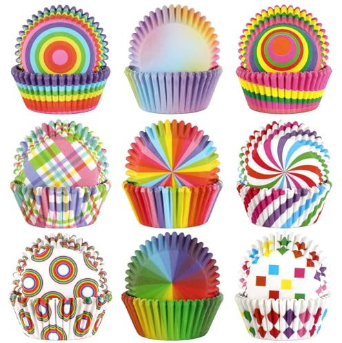 SANNIX Rainbow Cupcake Liners, 450pcs Colorful Cake Baking Cups Cupcake Wrappers Paper Wraps Muffin Liners for Spring Birthday Pride Party Candy Cake Decorations Supplies(9 Designs)