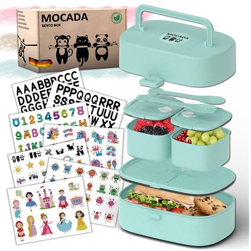 MOCADA® Brotdose Kinder mit Fächern & Griff, Auslaufsicher – Bento Box Kinder, Lunchbox Schule – Jausenbox kinder – Nachhaltige Brotdose mit Besteck & 216 Sticker, Brotbox für Mädchen & Jungen (Blau)