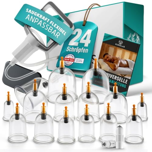 KURGLAS Schröpfgläser mit Vakuumpumpe [24 Stück] - Medizinische Schröpfen mit Therapiemagneten & Faszienschaber - Schröpfset mit e-Book - Schröpfglas aus Kunststoff - Gegen Verspannungen & Cellulite