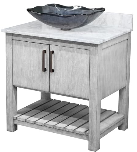 Miseno MV-30SG-NOBV-CAR-317G 30 Free Standing Single Basin Vanity Set with Cabinet, Rectangular Glass Vessel Sink and Marble Vanity Top - Stonewash Grey/Carrara White Top/Oil Rubbed Bronze
