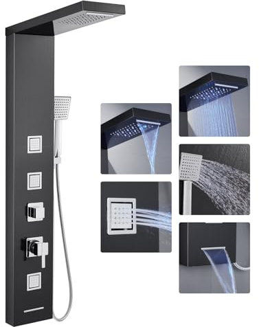 OUGOO Pannello doccia a LED con rubinetto, 5 funzioni, completo di doccia a pioggia, doccia a cascata, 3 ugelli massaggianti, doccetta e vasca da bagno, pannello doccia in acciaio inox, nero