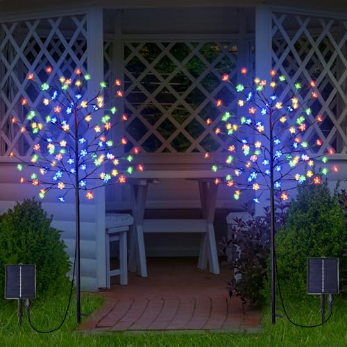 GOESWELL 1.5M 104LED Solar Lights Outdoor, Colour Cherry Blossoms Christmas Solar Garden Light Trees with Adjustable Branches for Pathway,Yard,Lawn,Backyard,Holiday Party Decoration - 1 Pack