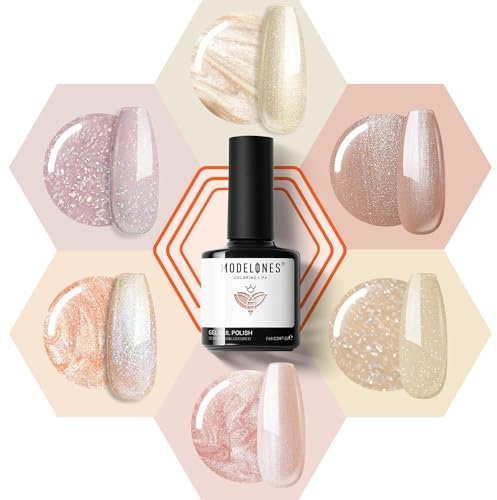 Modelones UV Nagellack Set - 6 Farben Nude Rosa Gold Glitzer, Gel Soak Off Nail Polish, French Manicure Weihnachten Feiertagsgeschenk für DIY zu Hause, 7 ml