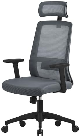 ML-Design Bürostuhl ergonomisch, Grau, Mesh, Schreibtischstuhl mit Verstellbarer Lendenwirbelstütze, Kopfstütze & Armlehnen, Wippfunktion, Drehstuhl mit Rollen, Computerstuhl Chefsessel Gaming Stuhl