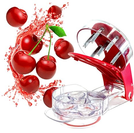 Cherry Pitter, Multi Cherry Stoner, Stainless Steel Multiple Cherry Stone Remover Tool, Cherry Seed Remover, Cherry Stone Seed Removal Core Easy Squeeze with Grip 6 Cherries Red